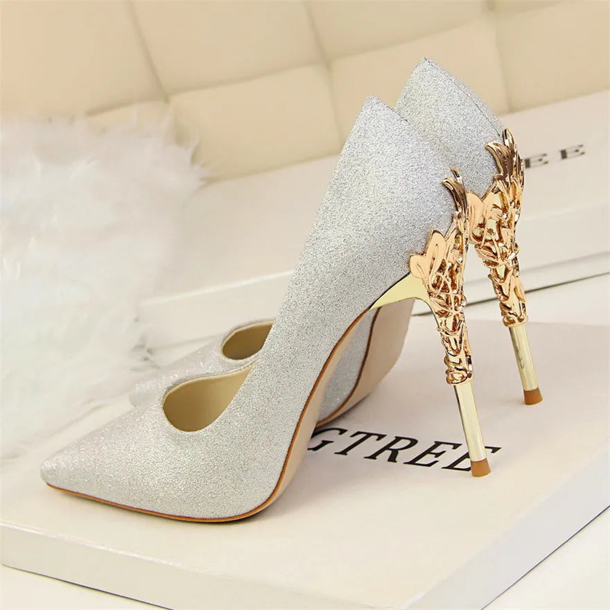 Sharp Signature Chic Metal Carved Pointed Toe Fashion Heel