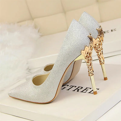 Sharp Signature Chic Metal Carved Pointed Toe Fashion Heel