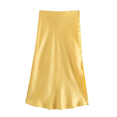 Ladies Buttoned Slit Satin Skirt