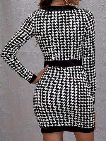 Chic Plaid Long Sleeve Sheath Dress