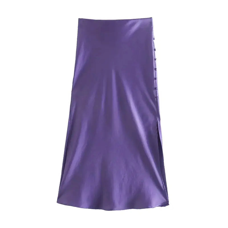 Ladies Buttoned Slit Satin Skirt