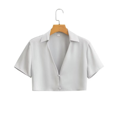 Women’s Silk Satin 2-Piece Set – Short Sleeve Button Shirt & Midi Skirt Suit