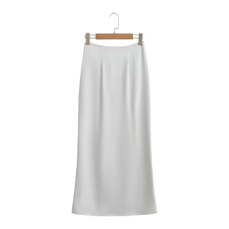 Women’s Silk Satin 2-Piece Set – Short Sleeve Button Shirt & Midi Skirt Suit