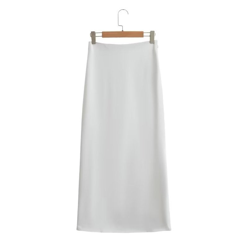 Women’s Silk Satin 2-Piece Set – Short Sleeve Button Shirt & Midi Skirt Suit