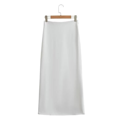Women’s Silk Satin 2-Piece Set – Short Sleeve Button Shirt & Midi Skirt Suit
