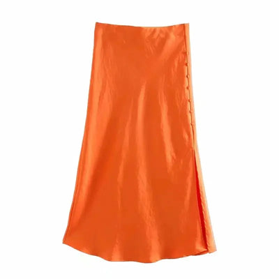 Ladies Buttoned Slit Satin Skirt