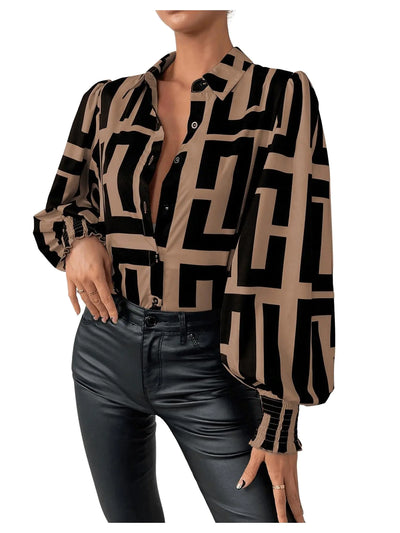 Lantern Sleeve Button-Up Blouse - Khaki
