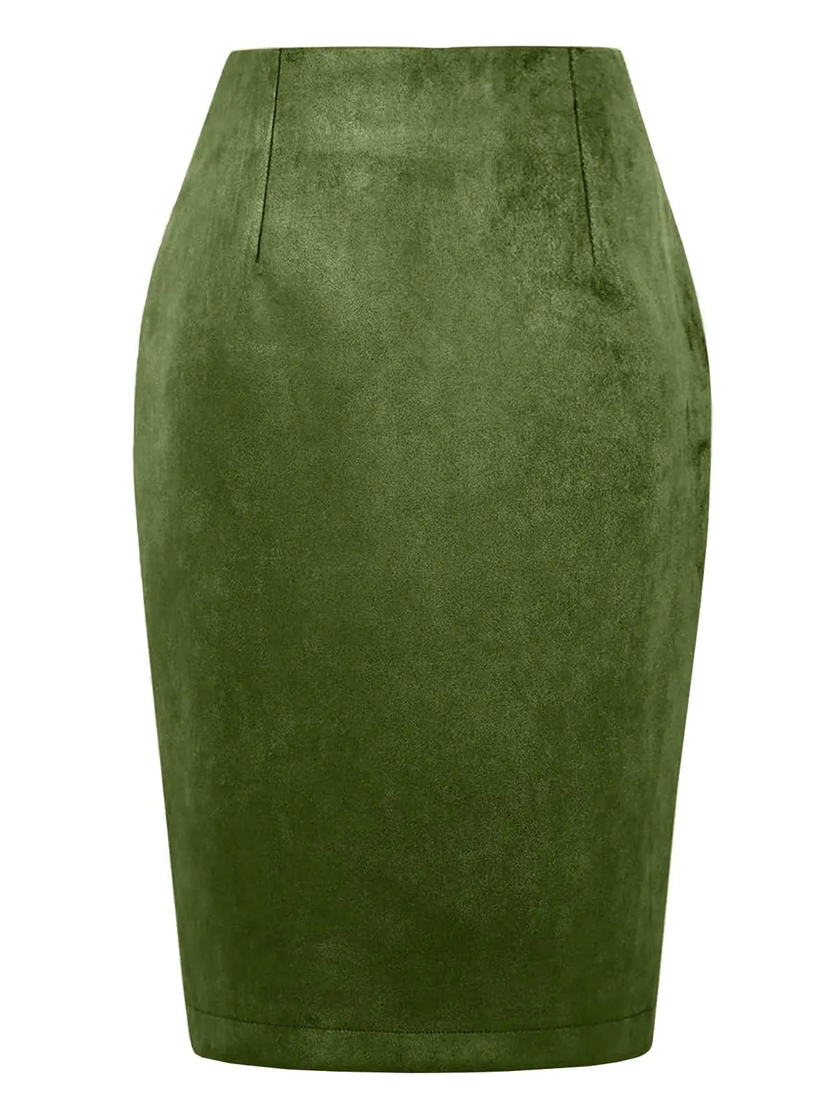 Midi Suede Pencil Skirt with Slit - High Waisted, Army Green