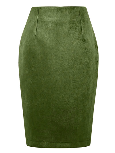 Midi Suede Pencil Skirt with Slit - High Waisted, Army Green