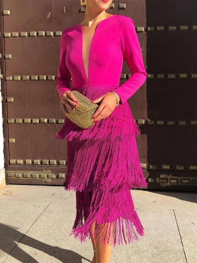 Sharp & Sophisticated Rose Red Knee Length Fringe Dress