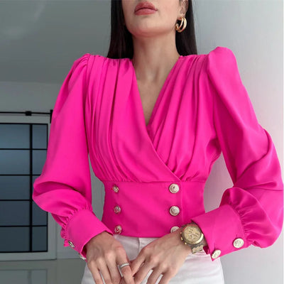 Elegant 2025 Spring Satin Shirt – Red V-Neck Lantern Sleeve Button-Up Blouse