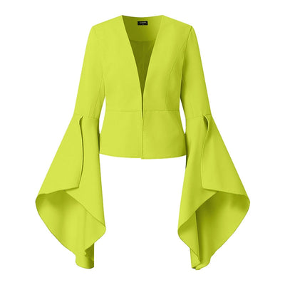 2-Piece Solid Color Pants Suit – Flare Sleeve V-Neck Top & Bell Bottom Trousers