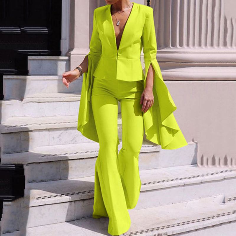 2-Piece Solid Color Pants Suit – Flare Sleeve V-Neck Top & Bell Bottom Trousers