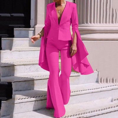 2-Piece Solid Color Pants Suit – Flare Sleeve V-Neck Top & Bell Bottom Trousers