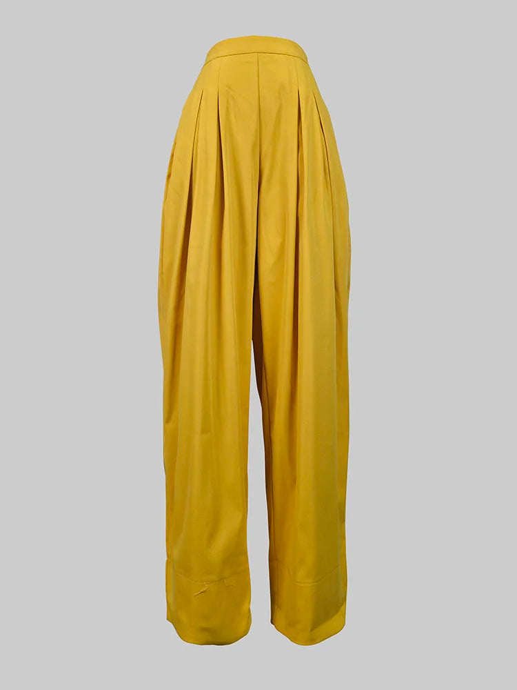 Casual and Elegant Yellow Pleated Lapel Blouse and Trousers with Pockets