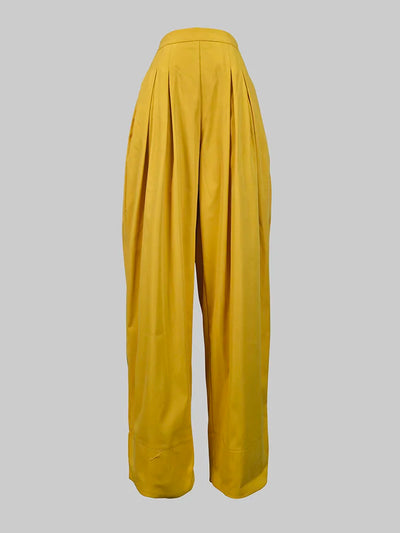 Casual and Elegant Yellow Pleated Lapel Blouse and Trousers with Pockets
