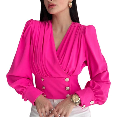 Elegant 2025 Spring Satin Shirt – Red V-Neck Lantern Sleeve Button-Up Blouse