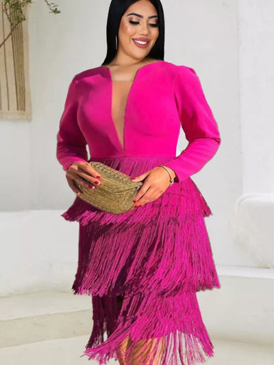 Sharp & Sophisticated Rose Red Knee Length Fringe Dress