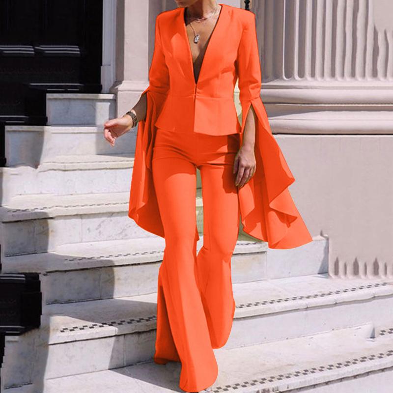 2-Piece Solid Color Pants Suit – Flare Sleeve V-Neck Top & Bell Bottom Trousers