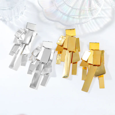 Elegant Metal Square Geometric Tassel Dangle Stud Earrings – Trendy & Lightweight