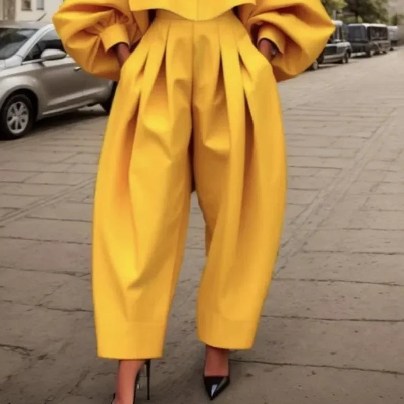 Casual and Elegant Yellow Pleated Lapel Blouse and Trousers with Pockets