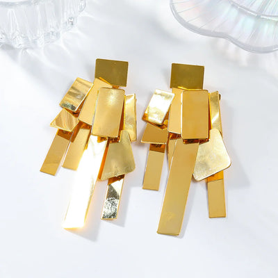 Elegant Metal Square Geometric Tassel Dangle Stud Earrings – Trendy & Lightweight