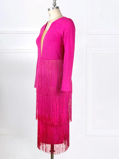 Sharp & Sophisticated Rose Red Knee Length Fringe Dress