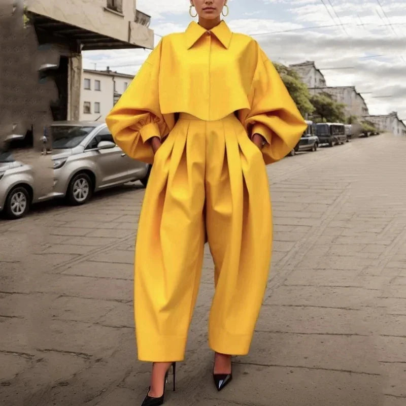 Casual and Elegant Yellow Pleated Lapel Blouse and Trousers with Pockets