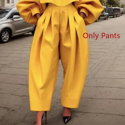 Casual and Elegant Yellow Pleated Lapel Blouse and Trousers with Pockets