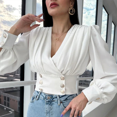 Elegant 2025 Spring Satin Shirt – Red V-Neck Lantern Sleeve Button-Up Blouse