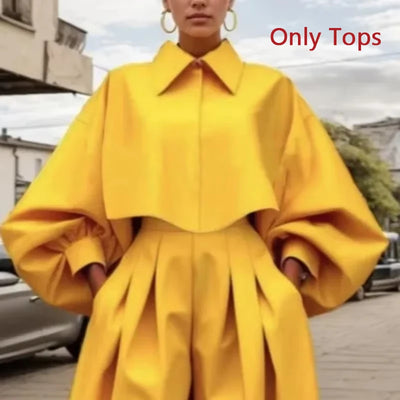 Casual and Elegant Yellow Pleated Lapel Blouse and Trousers with Pockets