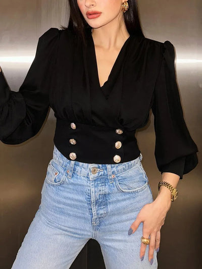 Elegant 2025 Spring Satin Shirt – Red V-Neck Lantern Sleeve Button-Up Blouse