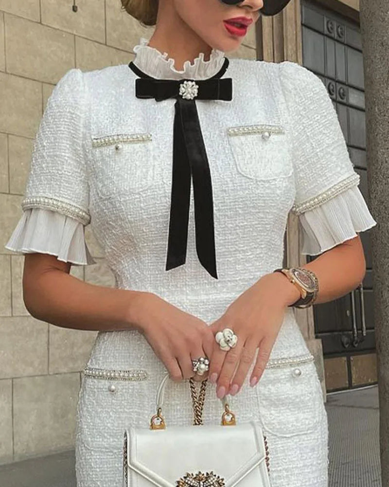 Elegant Round Neck Short Sleeve Bow Ruffle Hem Beaded White Dress