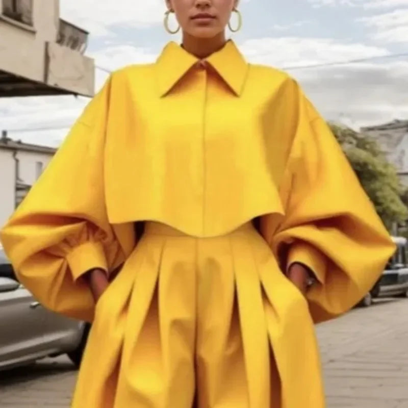 Casual and Elegant Yellow Pleated Lapel Blouse and Trousers with Pockets