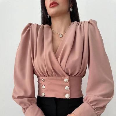 Elegant 2025 Spring Satin Shirt – Red V-Neck Lantern Sleeve Button-Up Blouse