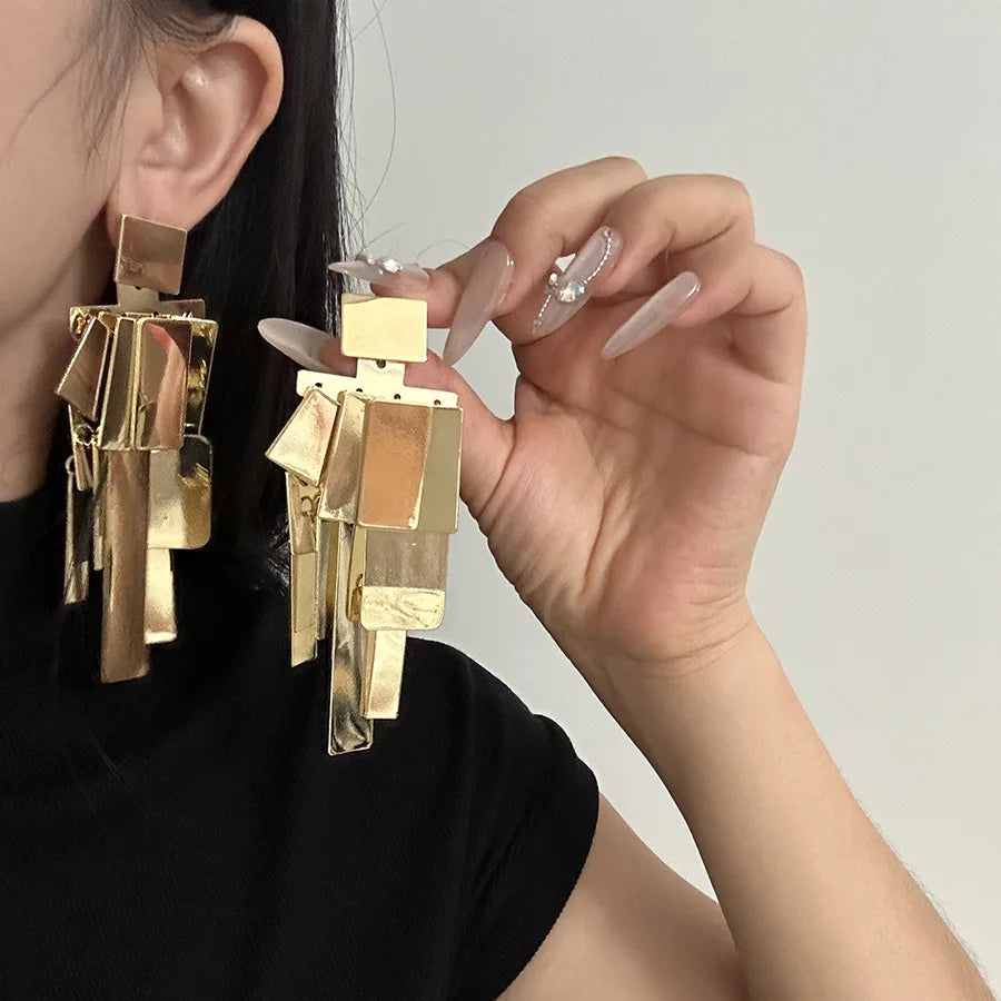 Elegant Metal Square Geometric Tassel Dangle Stud Earrings – Trendy & Lightweight