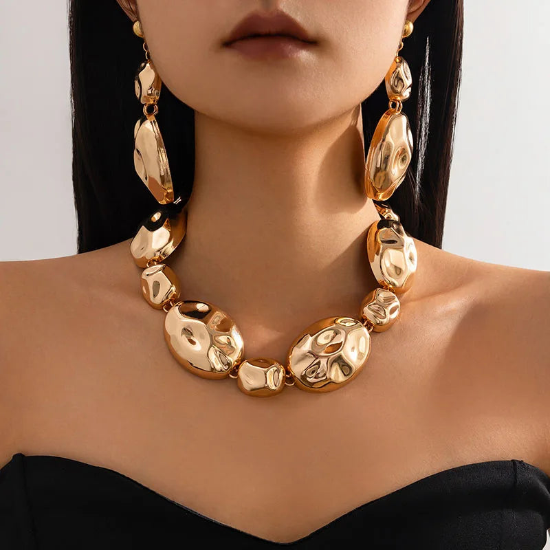Exaggerated Irregular Gold Beads Choker Necklace & Earrings Set