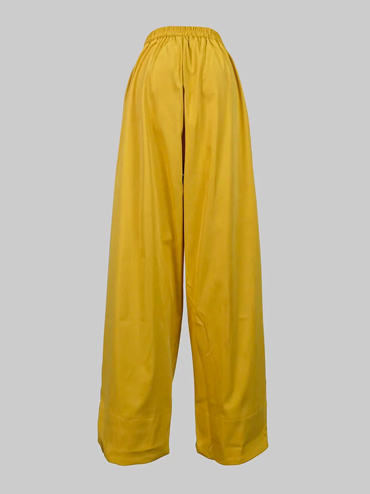 Casual and Elegant Yellow Pleated Lapel Blouse and Trousers with Pockets