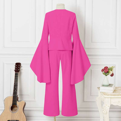 2-Piece Solid Color Pants Suit – Flare Sleeve V-Neck Top & Bell Bottom Trousers
