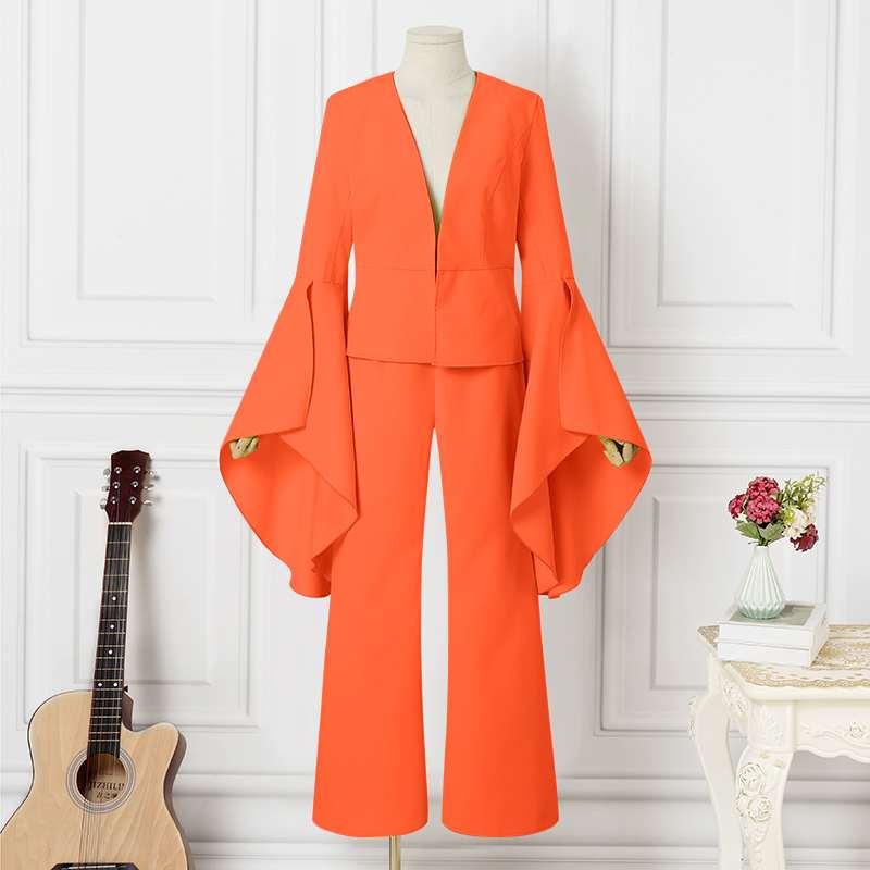2-Piece Solid Color Pants Suit – Flare Sleeve V-Neck Top & Bell Bottom Trousers