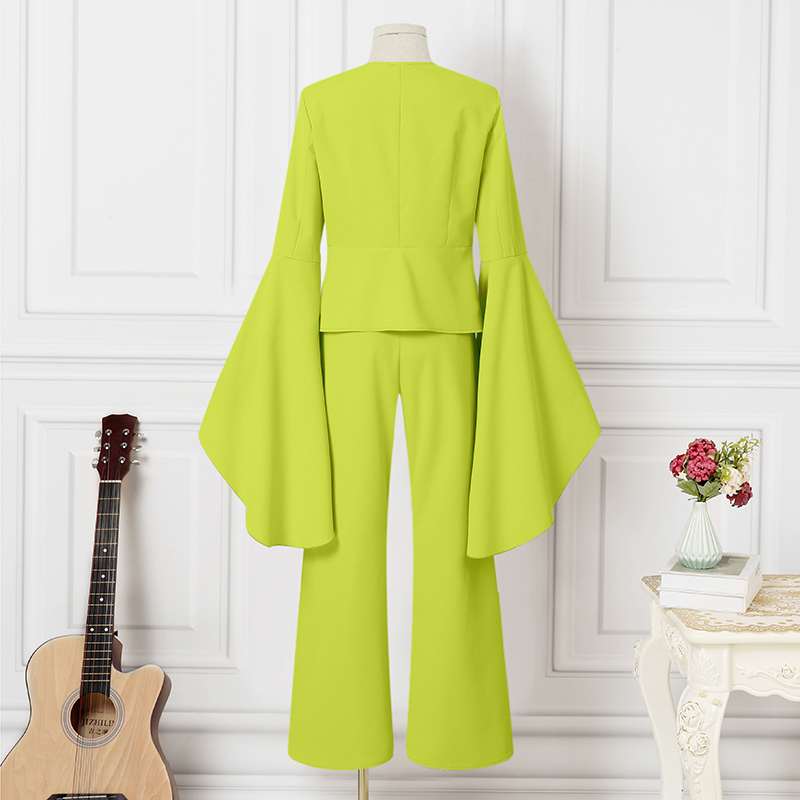 2-Piece Solid Color Pants Suit – Flare Sleeve V-Neck Top & Bell Bottom Trousers
