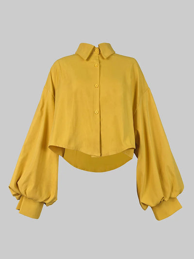 Casual and Elegant Yellow Pleated Lapel Blouse and Trousers with Pockets