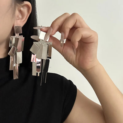 Elegant Metal Square Geometric Tassel Dangle Stud Earrings – Trendy & Lightweight
