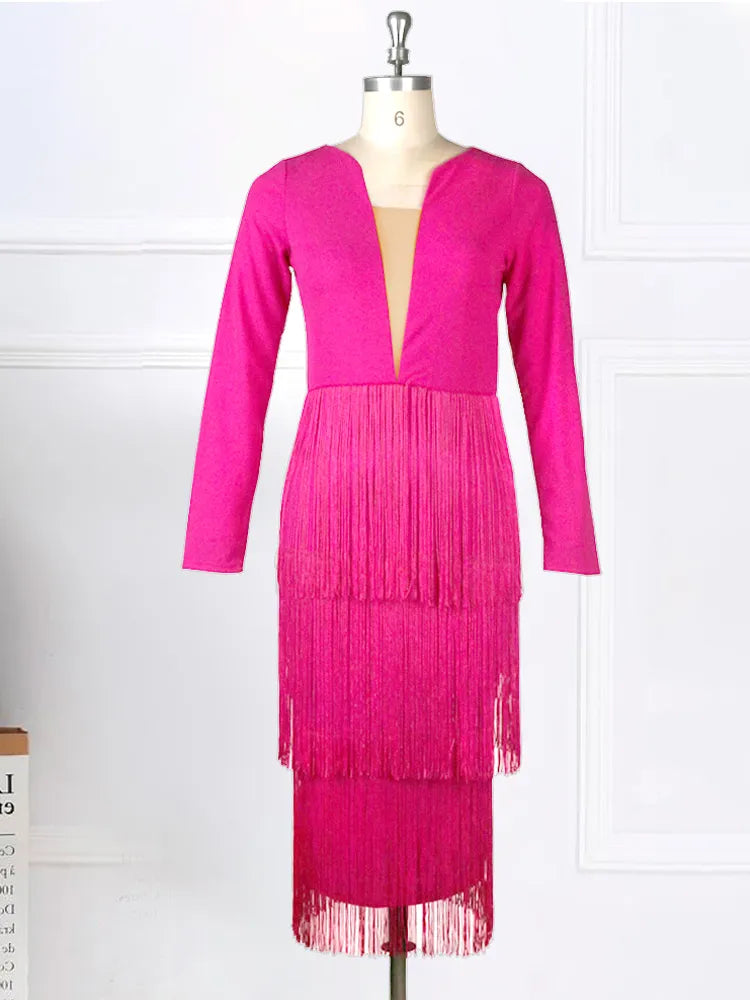 Sharp & Sophisticated Rose Red Knee Length Fringe Dress