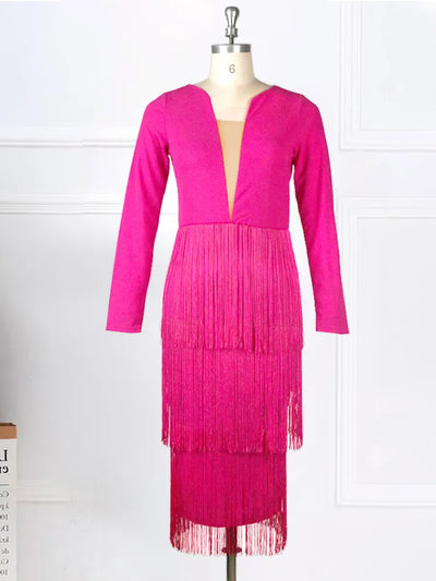 Sharp & Sophisticated Rose Red Knee Length Fringe Dress