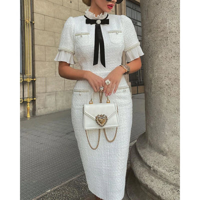 Elegant Round Neck Short Sleeve Bow Ruffle Hem Beaded White Dress