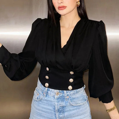Elegant 2025 Spring Satin Shirt – Red V-Neck Lantern Sleeve Button-Up Blouse