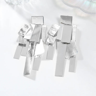 Elegant Metal Square Geometric Tassel Dangle Stud Earrings – Trendy & Lightweight