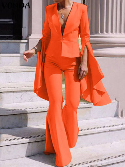 2-Piece Solid Color Pants Suit – Flare Sleeve V-Neck Top & Bell Bottom Trousers