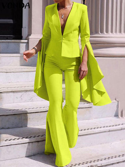 2-Piece Solid Color Pants Suit – Flare Sleeve V-Neck Top & Bell Bottom Trousers